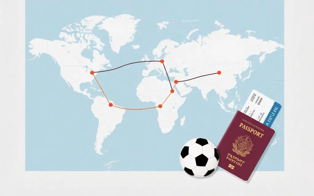 多城市地图上用线连接的旅行路线，旁边放着球票与护照的平面构图